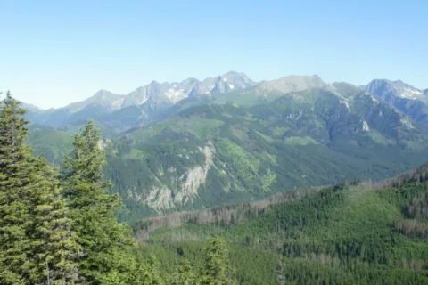 Widok z Gęsiej Szyj na Tatry Wysokie (Lodowy . Kołowy .Jagnięcy Szczyt)