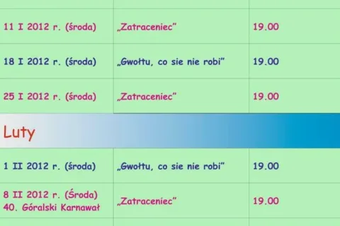 Harmonogram sztuk teatralnych wystawianych w sezonie zimowym 2012 w Domu Ludowym