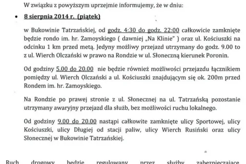 Zamknięcie dróg podczas TdP - piątek 08/08/2014