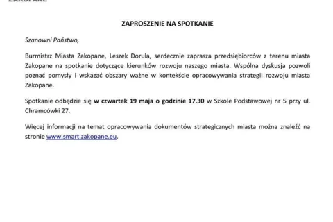 Spotkanie dla PRZEDSIĘBIORCÓW w sprawie STRATEGII ROZWOJU ZAKOPANEGO