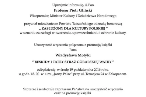 Uroczystość wręczenia odznaki honorowej "ZASŁUŻONY DLA KULTURY POLSKIEJ" oraz z promocja książki "BESKIDY I TATRY STRAŻ GÓRALSKIEJ WATRY"