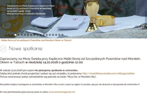 Zapraszamy na Mszę Świętą przy Kapliczce nad Morskim Okiem 14.10.2018 o godz. 12.00