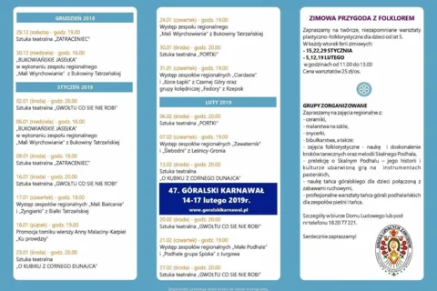 Harmonogram wydarzeń „Zima 2018/2019” w Domu Ludowym w Bukowinie Tatrzańskiej