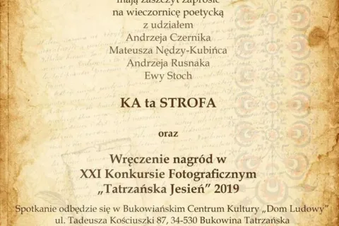 Wieczornica poetycka "KA ta STROFA" oraz rozdanie nagród w konkursie fotograficznym "Tatrzańska jesień" 2019