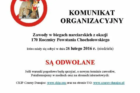 Zawody w biegach narciarskich z okazji 170 Rocznicy Powstania Chochołowskiego ODWOŁANE