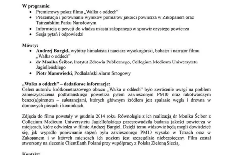 Premiera filmu o podhalańskim smogu z udziałem Andrzeja Bargiela pt. “Walka o oddech”