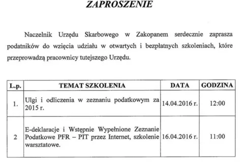 Zaproszenie na otwarte szkolenia dla podatników