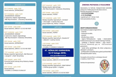 Harmonogram wydarzeń „Zima 2018/2019” w Domu Ludowym w Bukowinie Tatrzańskiej