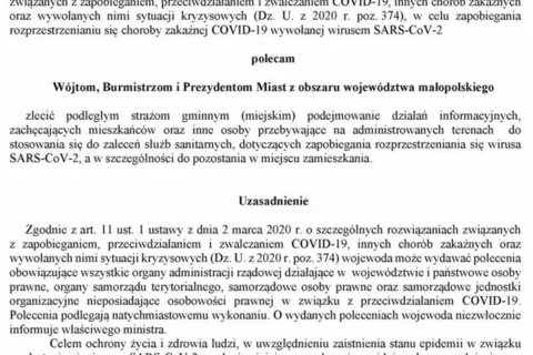 POLECENIE Nr 17/2020 WOJEWODY MAŁOPOLSKIEGO - podejmowanie działań informacyjnych