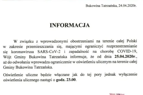 KORONAWIRUS - ograniczenie w oświetleniu ulicznym na terenie całej Gminy Bukowina Tatrzańska