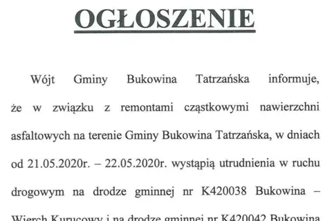 Utrudnienia w ruchu drogowym na drodze gminnej Bukowina - Wierch Kurucowy