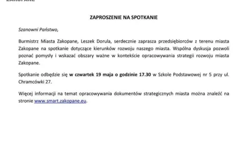 Spotkanie dla PRZEDSIĘBIORCÓW w sprawie STRATEGII ROZWOJU ZAKOPANEGO