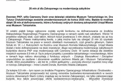 26 mln zł dla Zakopanego na modernizację zabytków