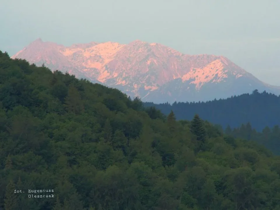 Tatry znad Szlachtowej w świetle wschodzącego słońca. Na zdjęciu grupa Koszystej i Kozi Wierch.