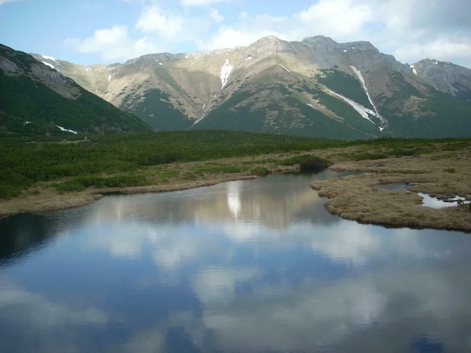 Trojrohe pleso, w tle Tatry Bielskie