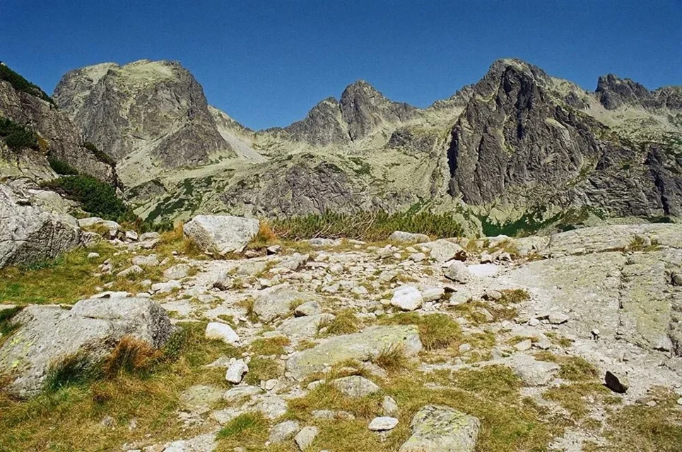 Tatry Wysokie. Jaworowy i Ostry Szczyt, Strzelecka Turnia, za którą się chowa Mały Lodowy, oraz Spąga nad Czerwoną Ławką