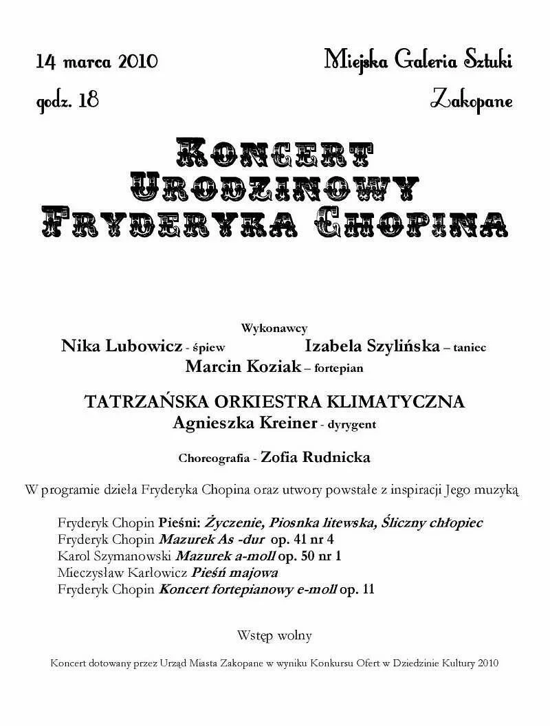 Koncert urodzinowy Fryderyka Chopina w wykonaniu Tatrzańskiej Orkiestry Klimatycznej