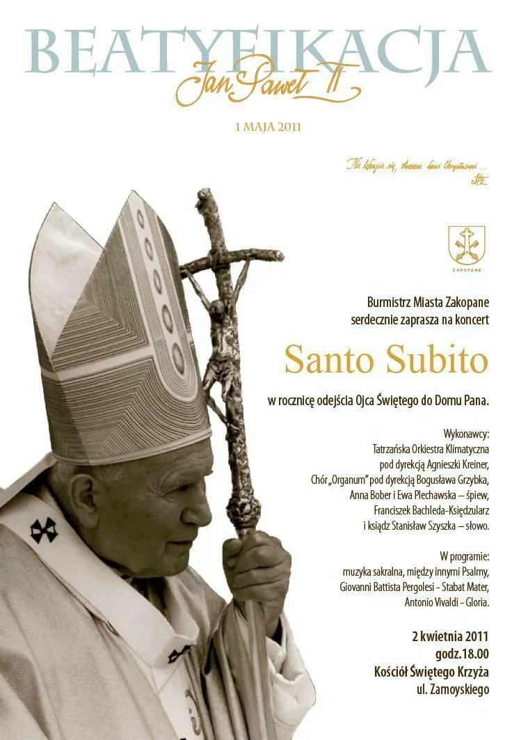 W rocznicę śmierci Jana Pawła II koncert Santo Subito