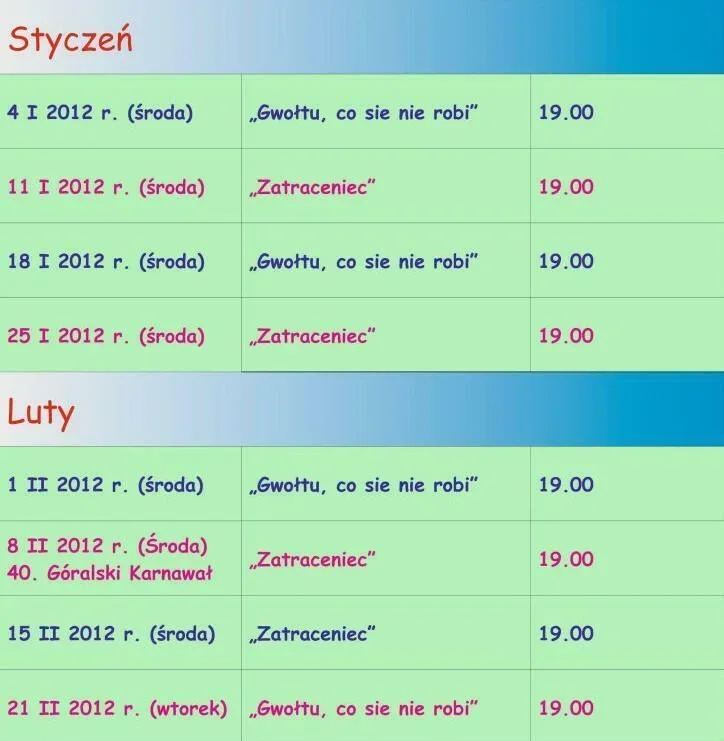 Harmonogram sztuk teatralnych wystawianych w sezonie zimowym 2012 w Domu Ludowym