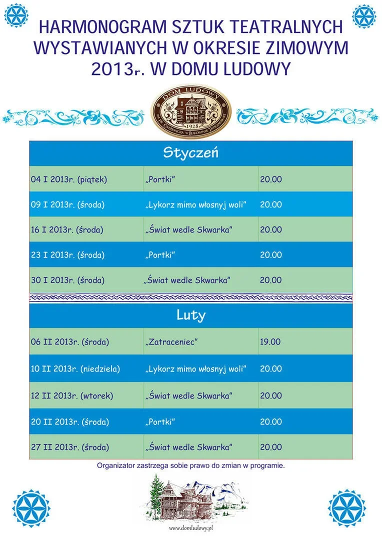 HARMONOGRAM SZTUK TEATRALNYCH WYSTAWIANYCH W OKRESIE ZIMOWYM 2013r. W DOMU LUDOWYM