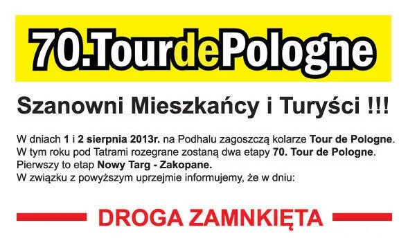 70. Tour de Pologne na Podhalu - czasowe zamknięcie dróg
