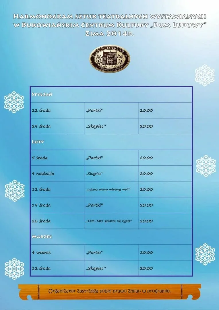Dom Ludowy - Harmonogram sztuk na sezon zimowy 2014