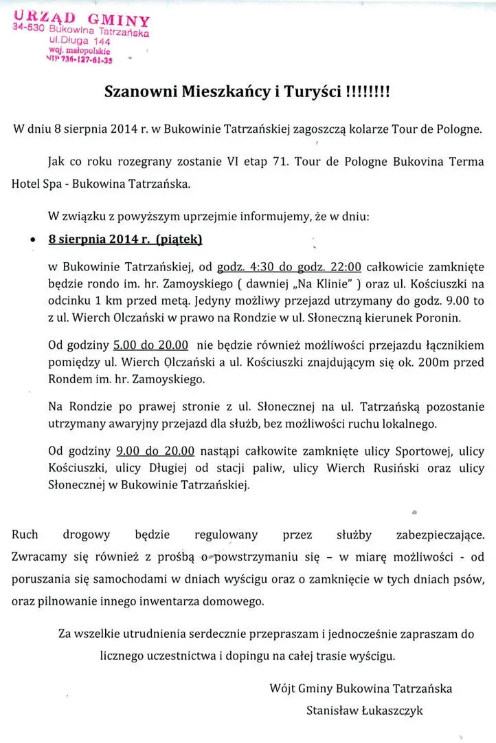 Zamknięcie dróg podczas TdP - piątek 08/08/2014