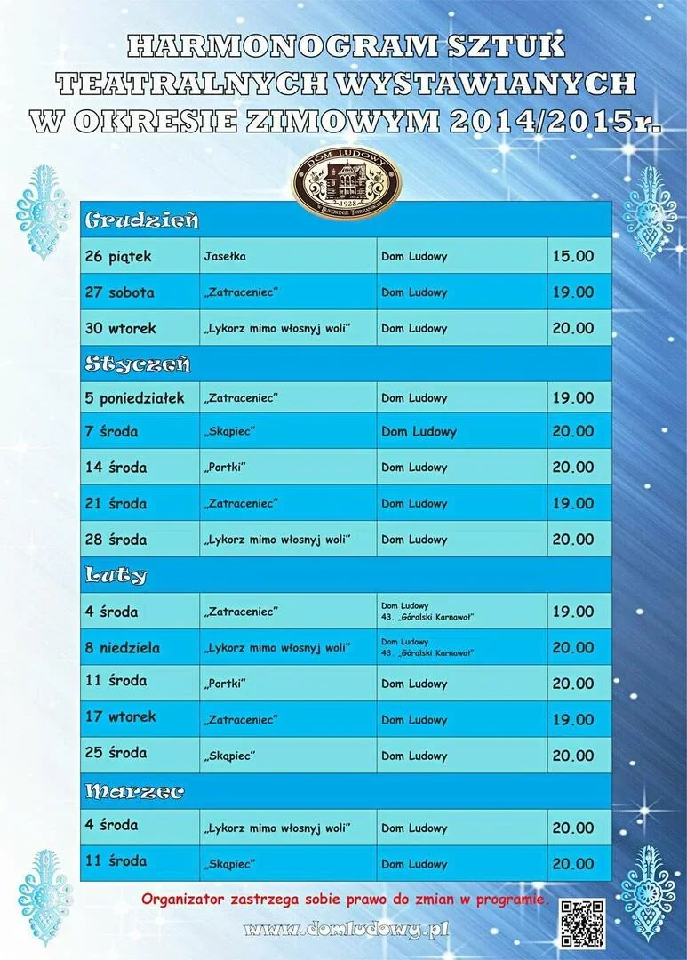 Harmonogram wydarzeń Domu Ludowego na sezon zimowy 2014/2015