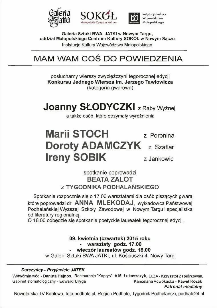 WIECZÓR POEZJI w Galerii Sztuki BWA JATKI