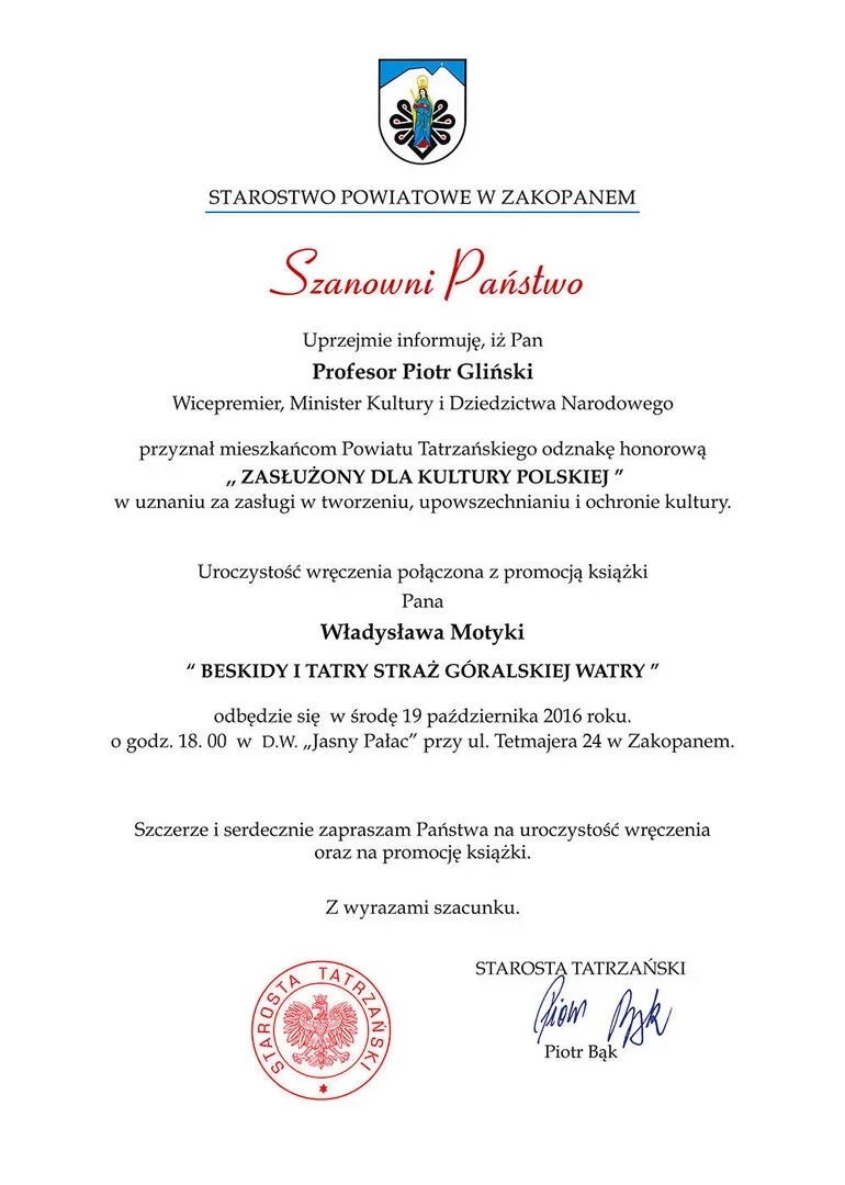Uroczystość wręczenia odznaki honorowej "ZASŁUŻONY DLA KULTURY POLSKIEJ" oraz z promocja książki "BESKIDY I TATRY STRAŻ GÓRALSKIEJ WATRY"