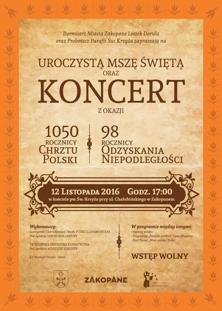 Uroczysta Msza Święta i koncert z okazji 1050 rocznicy Chrztu Polski i 98 rocznicy odzyskania niepodległości