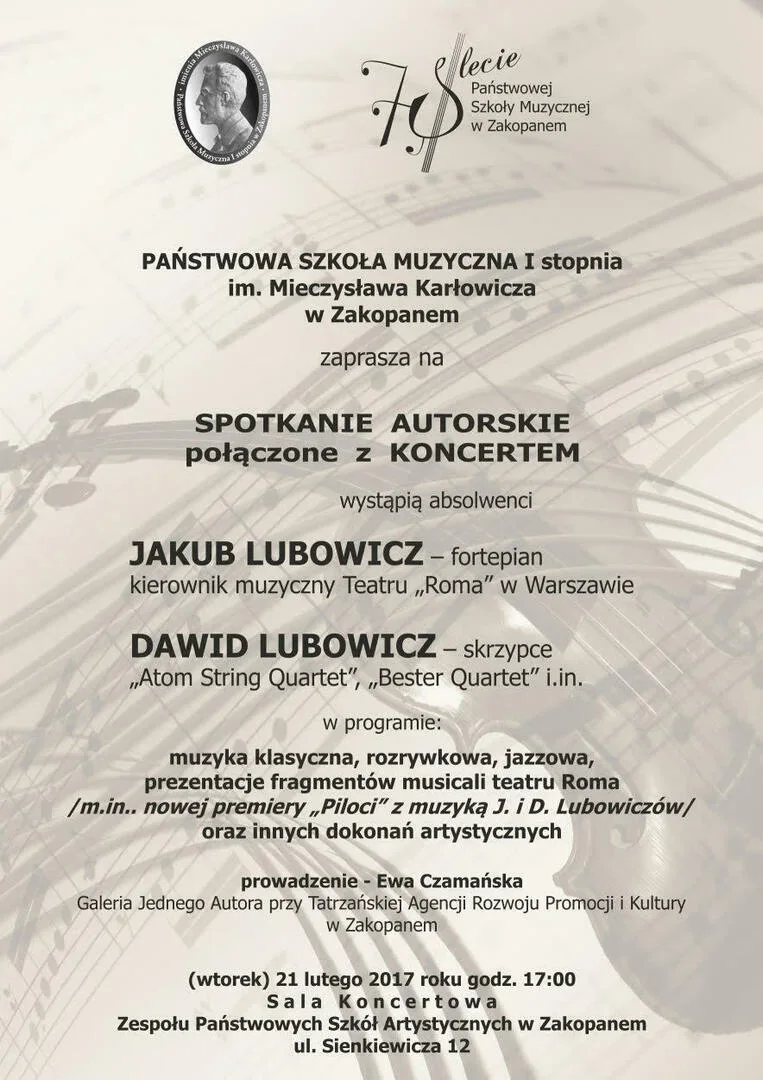 Koncert jubileuszowy absolwentów Państwowej Szkoły Muzycznej I stopnia im. Mieczysława Karłowicza w Zakopanem
