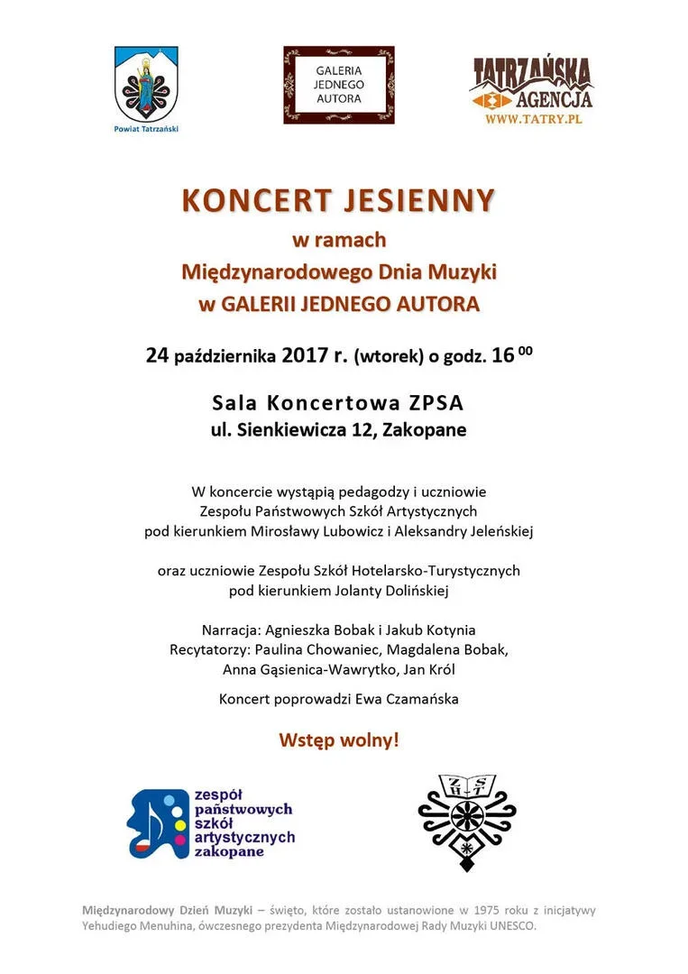 Międzynarodowy Dzień Muzyki w GALERII JEDNEGO AUTORA - KONCERT JESIENNY