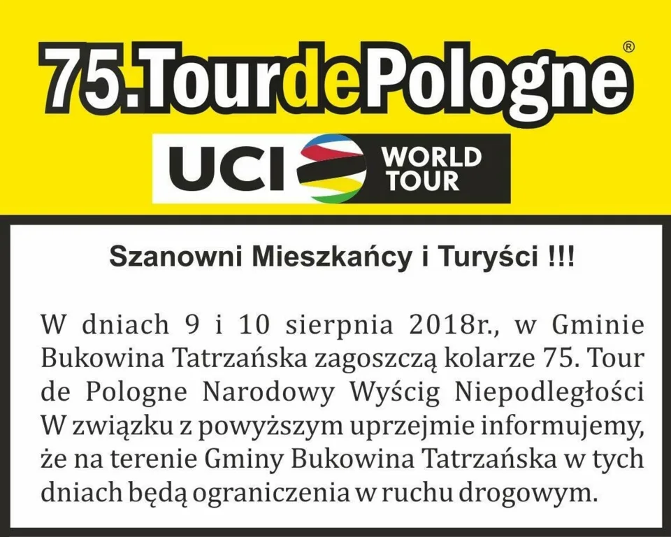 75. Tour de Pologne w Gminie Bukowina Tatrzańska - 9 - 10 sierpnia 2018