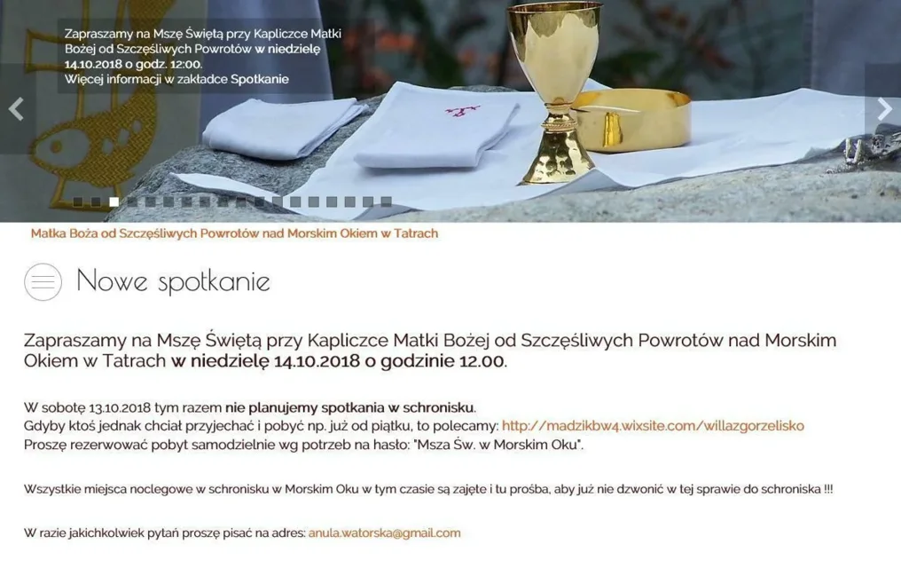 Zapraszamy na Mszę Świętą przy Kapliczce nad Morskim Okiem 14.10.2018 o godz. 12.00