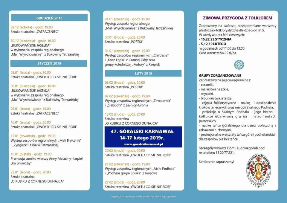 Harmonogram wydarzeń „Zima 2018/2019” w Domu Ludowym w Bukowinie Tatrzańskiej