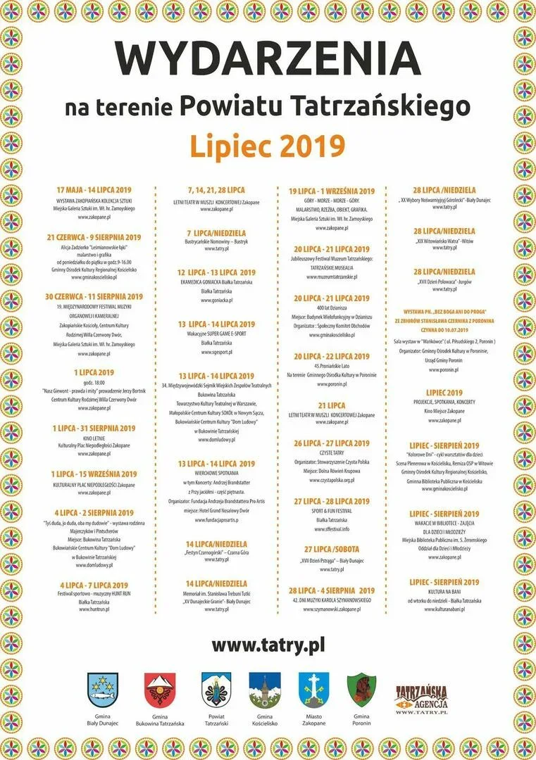 WYDARZENIA na terenie Powiatu Tatrzańskiego - Lipiec 2019