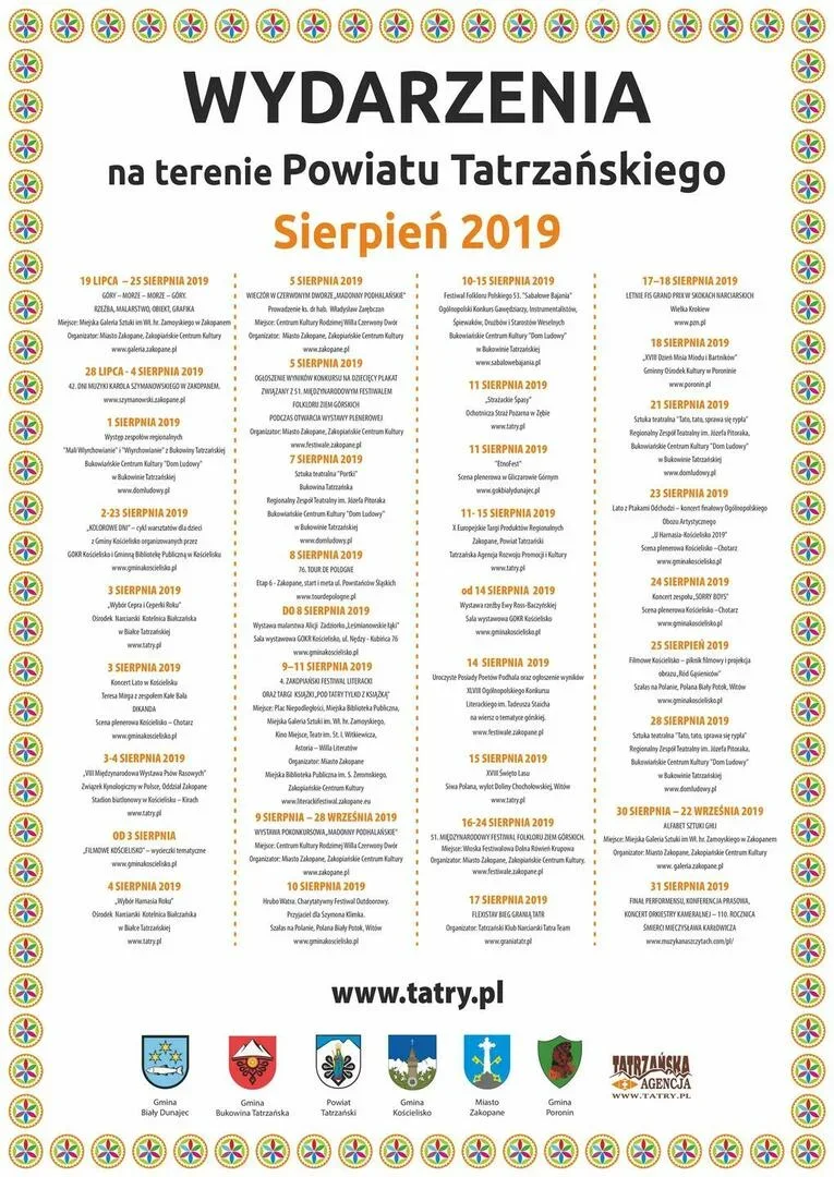 WYDARZENIA NA TERENIE POWIATU TATRZAŃSKIEGO – SIERPIEŃ 2019