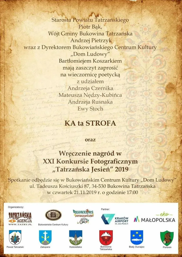 Wieczornica poetycka "KA ta STROFA" oraz rozdanie nagród w konkursie fotograficznym "Tatrzańska jesień" 2019