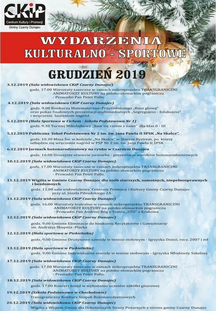 Wydarzenia Kulturalno-Sportowe CKiP Czarny Dunajec 12/2019