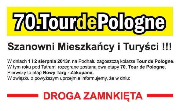 70. Tour de Pologne na Podhalu - czasowe zamknięcie dróg