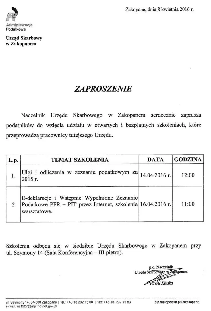 Zaproszenie na otwarte szkolenia dla podatników
