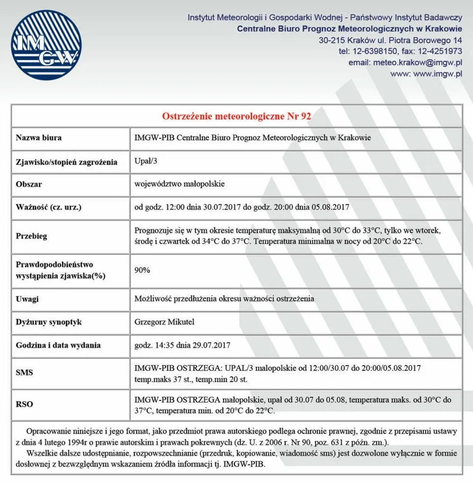 Ostrzeżenie meteorologiczne Nr 92 - Upał