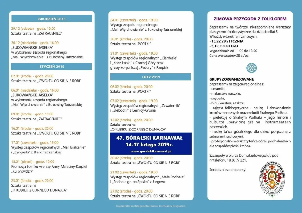 Harmonogram wydarzeń „Zima 2018/2019” w Domu Ludowym w Bukowinie Tatrzańskiej