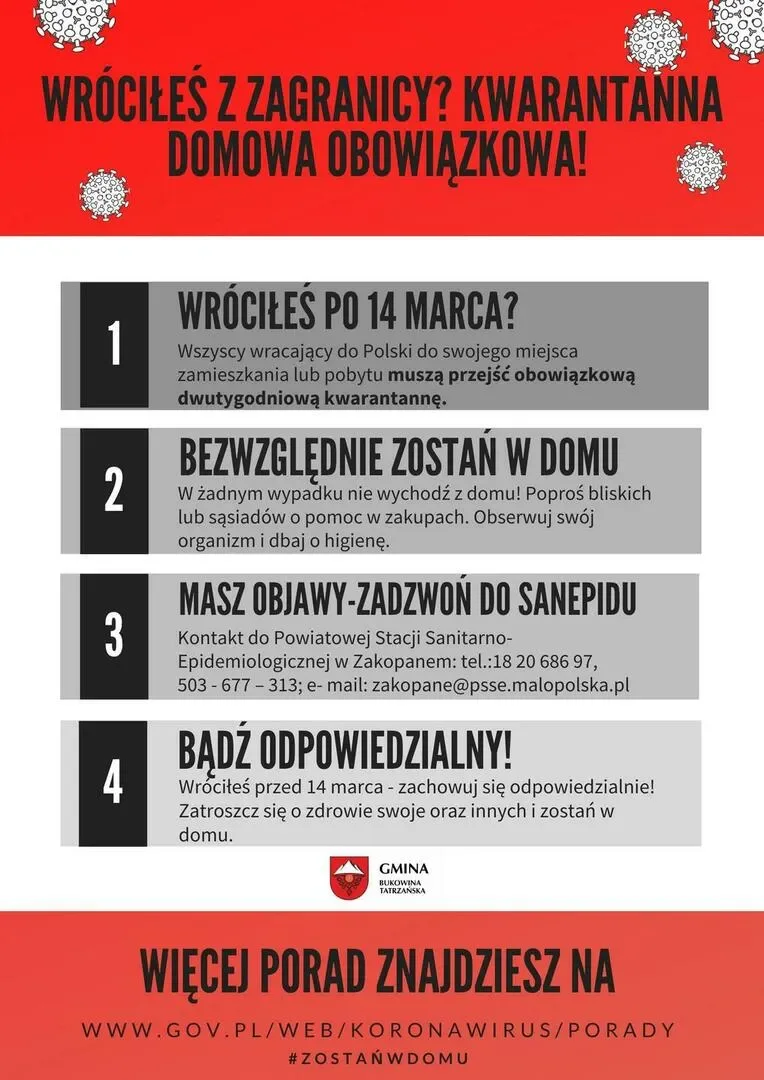 WRÓCIŁEŚ Z ZAGRANICY? KWARANTANNA DOMOWA OBOWIĄZKOWA!