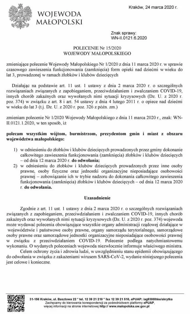 POLECENIE Nr 15/2020 WOJEWODY MAŁOPOLSKIEGO
