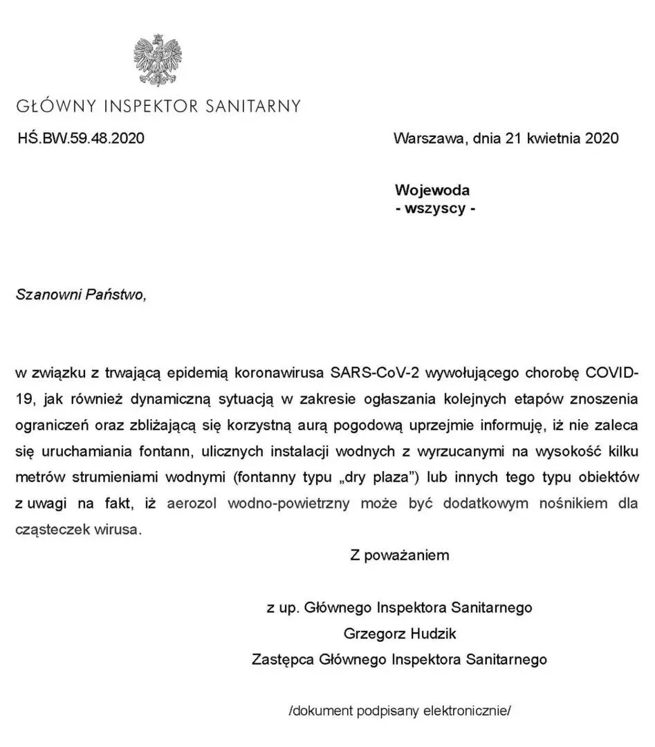 Główny Inspektor Sanitarny nie zaleca uruchamiania fontann