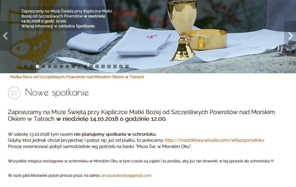 Zapraszamy na Mszę Świętą przy Kapliczce nad Morskim Okiem 14.10.2018 o godz. 12.00