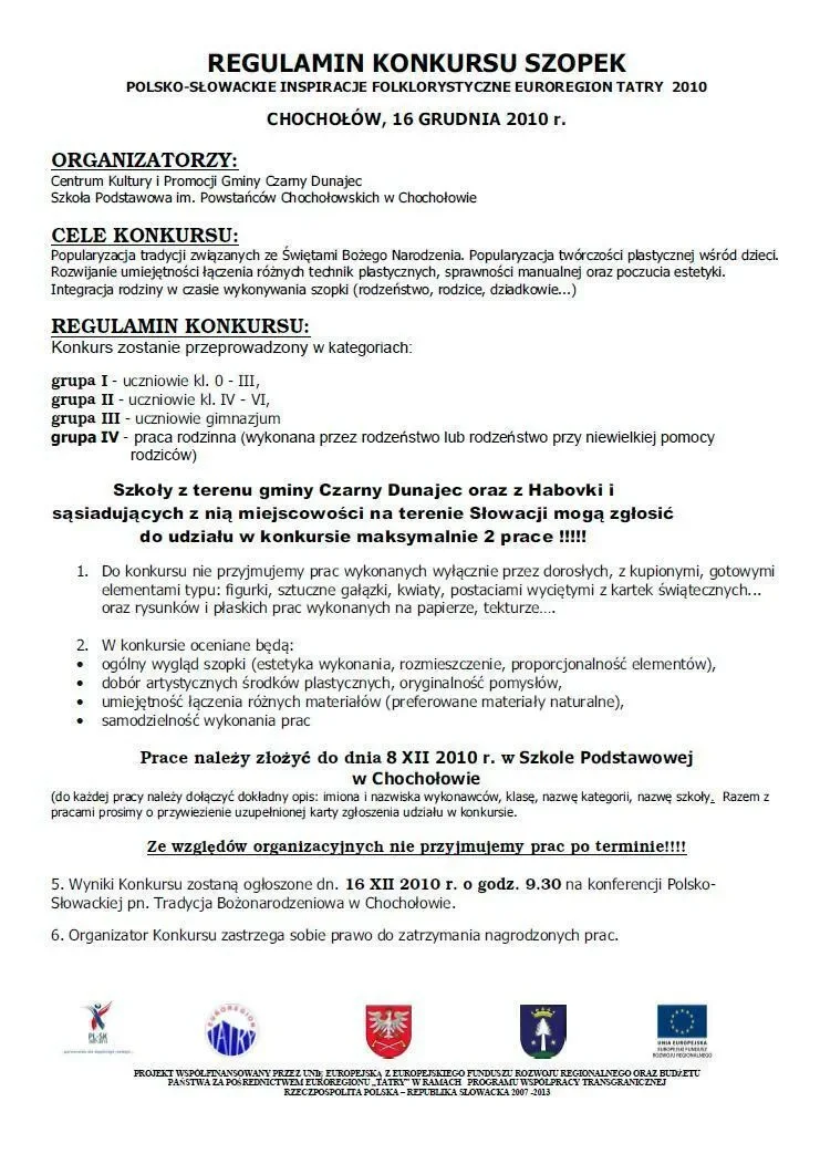 REGULAMIN KONKURSU SZOPEK, CHOCHOŁÓW, 16 GRUDNIA 2010 r.