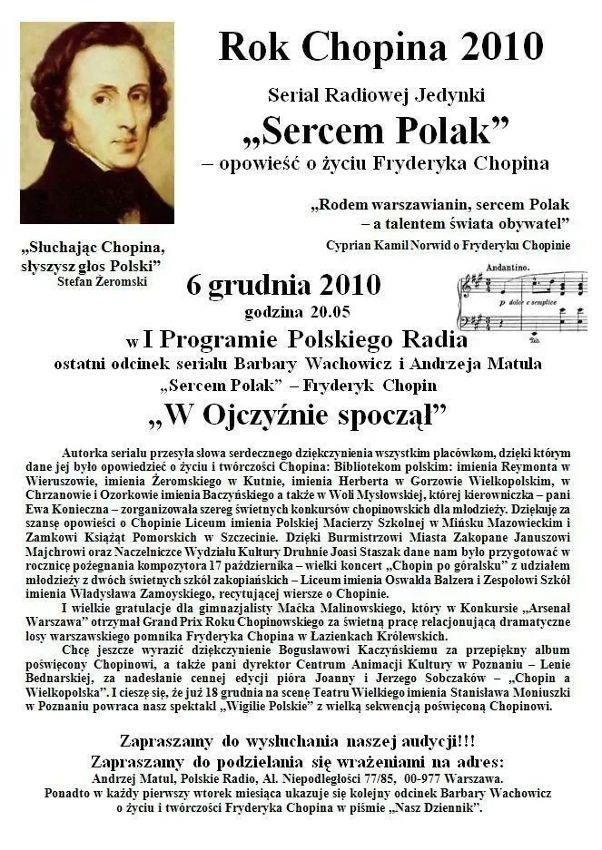 Ostatni odcinek serialu „Sercem Polak” – Fryderyk Chopin „W Ojczyźnie spoczął”